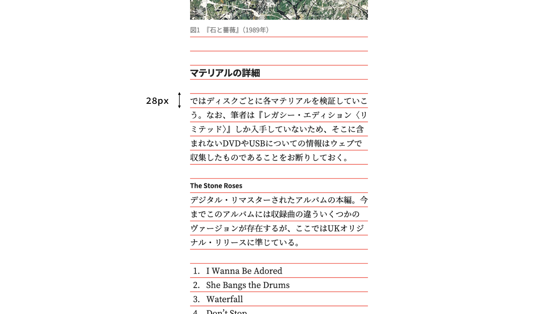 ブログの記事ページにおける縦のリズム。すべてのテキストが本文の行送りである28pxごとの水平のガイドラインに沿っている