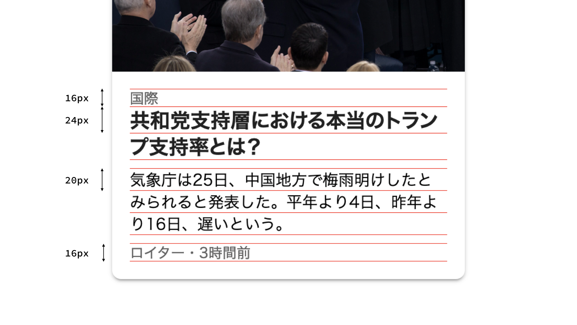 カード内のすべてのテキストが4px単位の縦のグリッドに沿っている